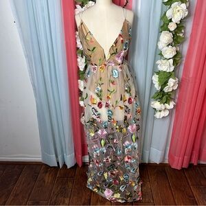 L'ATISTE Sheer Mesh Floral Embroidered Maxi Dress